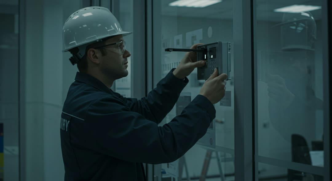 Profissional com capacete e óculos de proteção vistoriando um equipamento